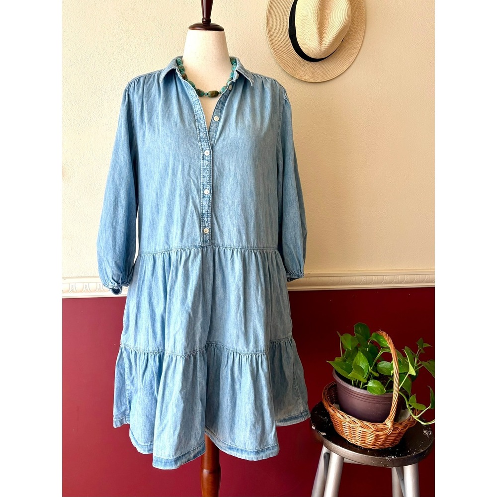 Gap Blue Denim Chambray Tiered Mini Dress L Tall 100% Cotton Peasant Boho Pocket